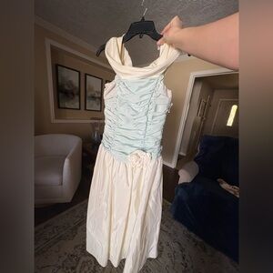 GORGeous 🩵✨ Vintage Off-Shoulder Ruched Dress – Pastel Blue & Ivory